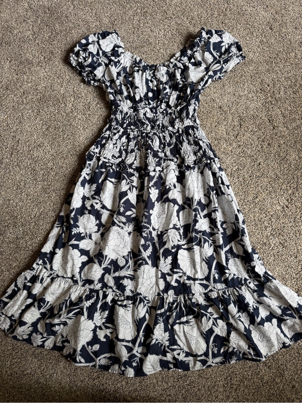 Smocked Floral Midi Dress Navy Puff Sleeve Cotton Sz XS Cottagecore Peasant